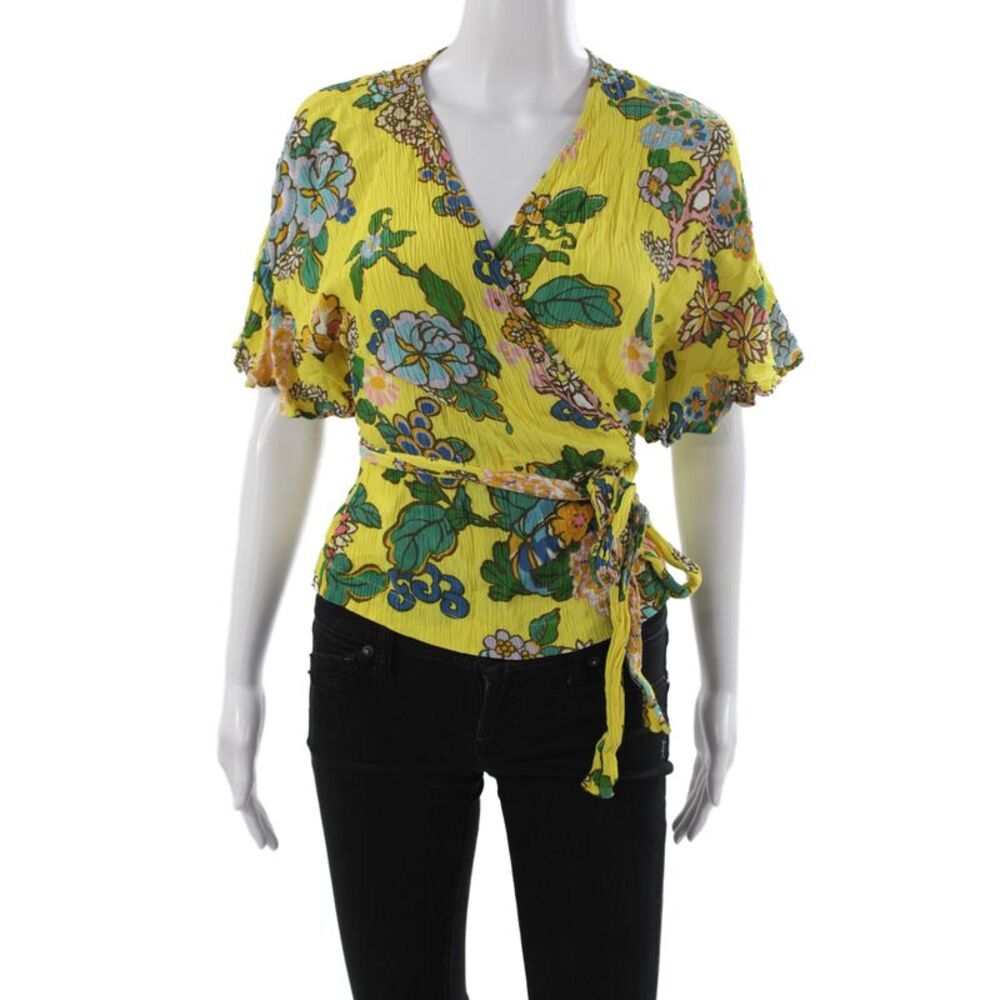 Kitri Women Kimono Blouse Yellow Floral V-Neck Short Sleeve Viscose Size 4